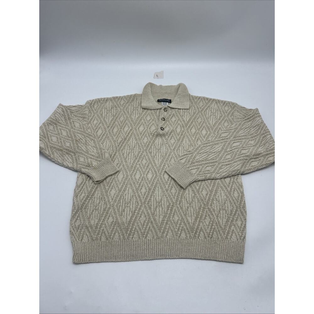 VINTAGE GAS Men’s Sz L Beige Diamond Knit Sweater Made in USA 90s Y2K Textured